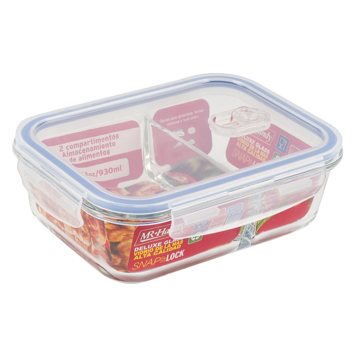 Wholesale Mr. Handy 3pk 2 Dividers Rectangular Food Container Set- 30oz RED  LID CLEAR CONTAINER