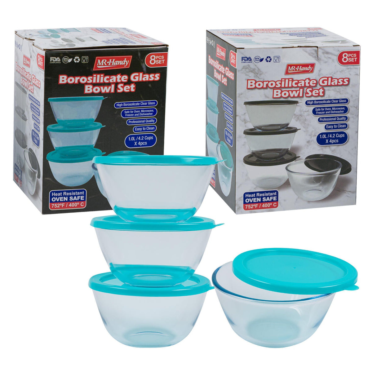 6 Piece Borosilicate Glass Prep Bowl Set with Plastic Lids - 6